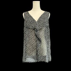 Black/White Polka Dot Print Sheer Blouse w/ Ruffle Detail